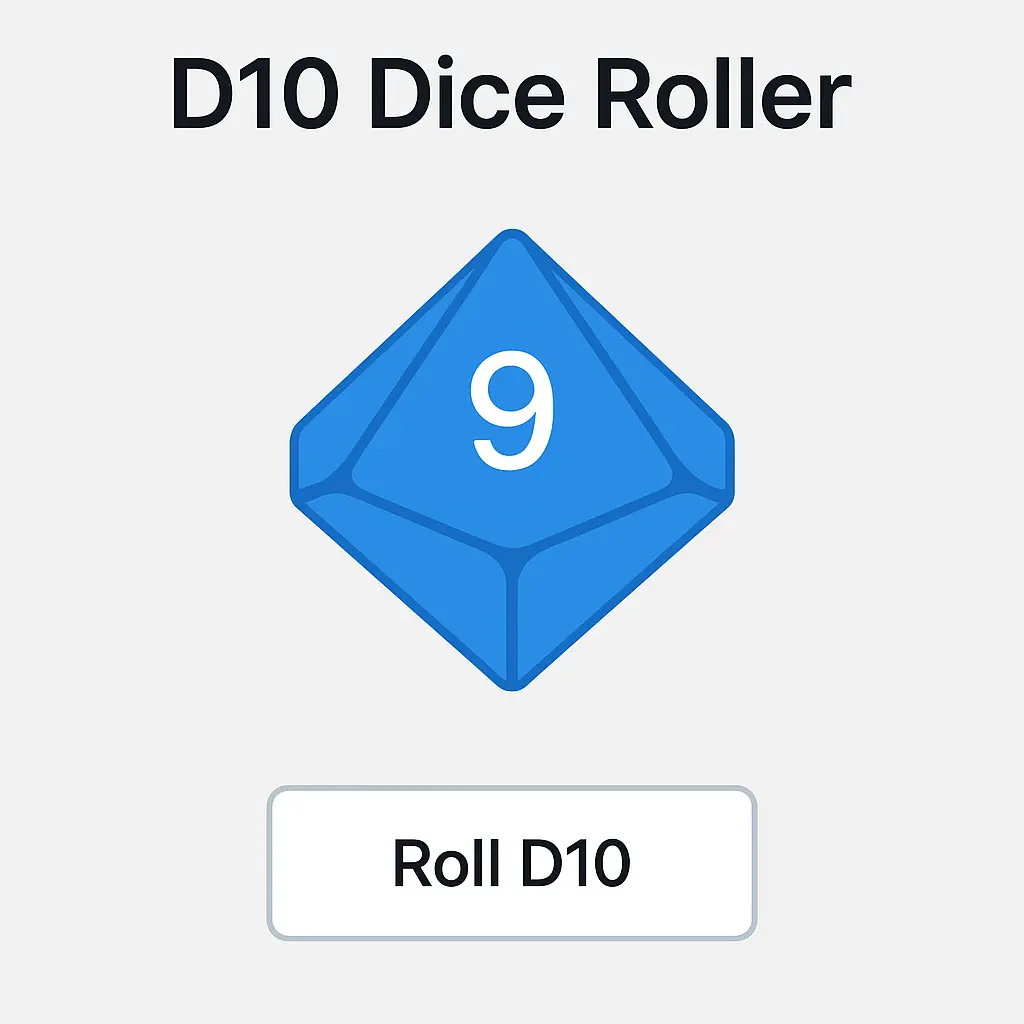 Interactive D10 Dice Roller with blue die and roll button